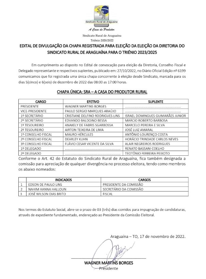 Edital de Divulgação da Chapa Registrada para Eleição da Diretoria do Sindicato Rural de Araguaína para o Triênio 2023/2025